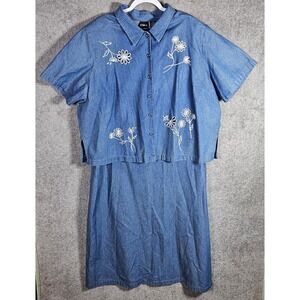 Erika Denim Sleeveless Maxi Dress & Embroidered Button Up Top Set Womens 2X Blue